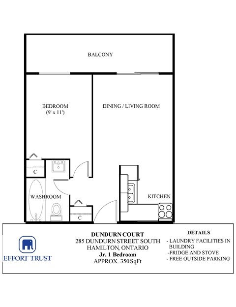 A floor plan of a 1 Bedroom apartment in the Dundurn Court building.